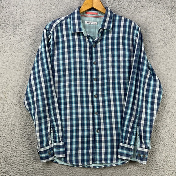 Tommy Bahama Shirt Button Down Mens Large Blue White Plaid Long Sleeve Casual